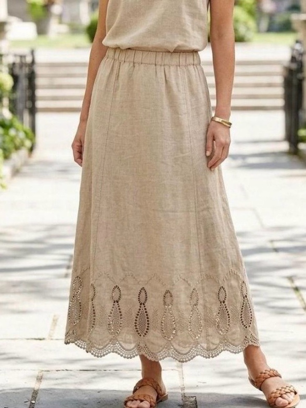 New Chicos Linen Crochet Hem Skirt Beige Sand Midi Lined Scalloped Hem